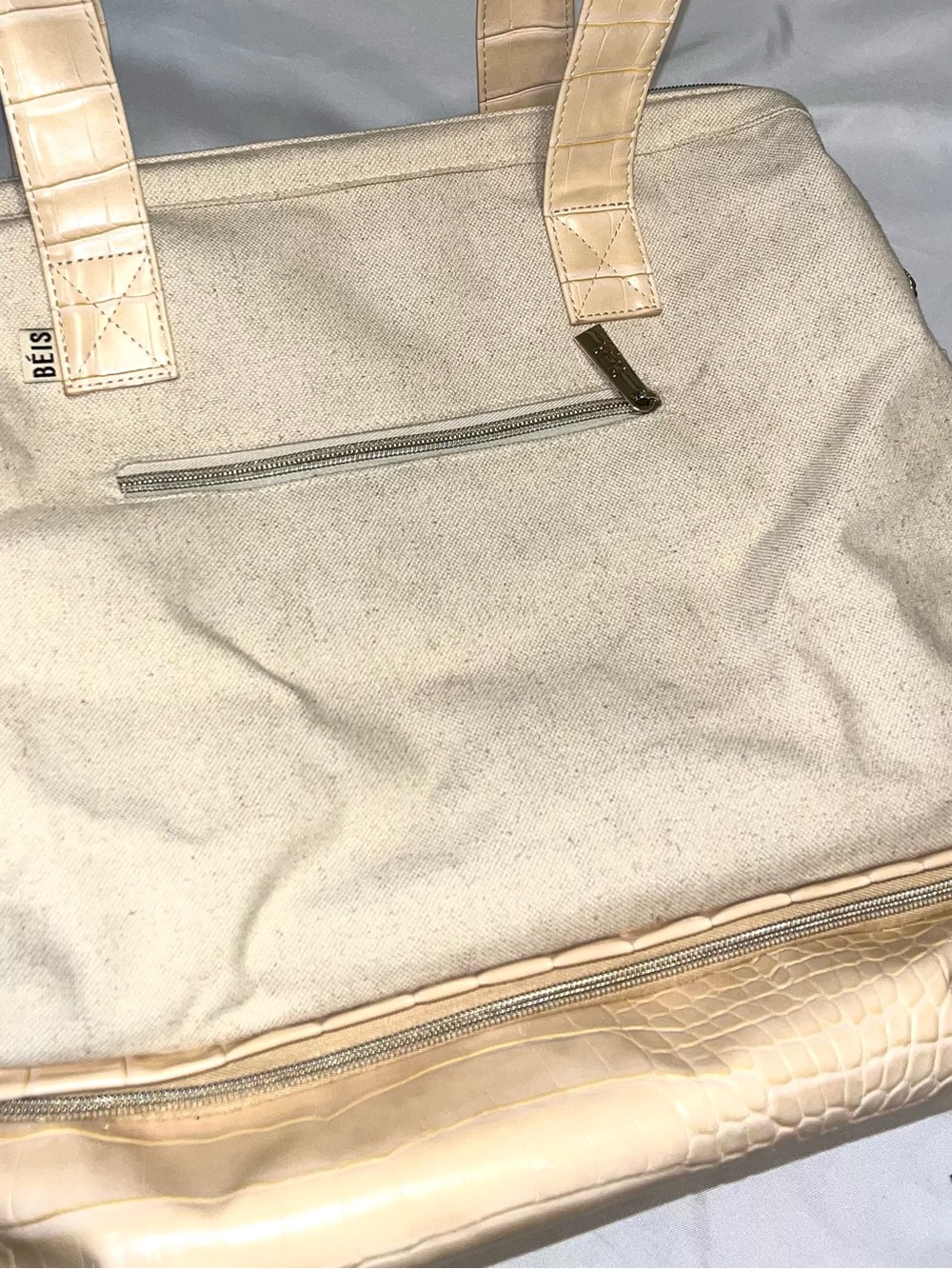 BEIS weekender bag - Neutral Canvas Tote with Croc-Accent Trim